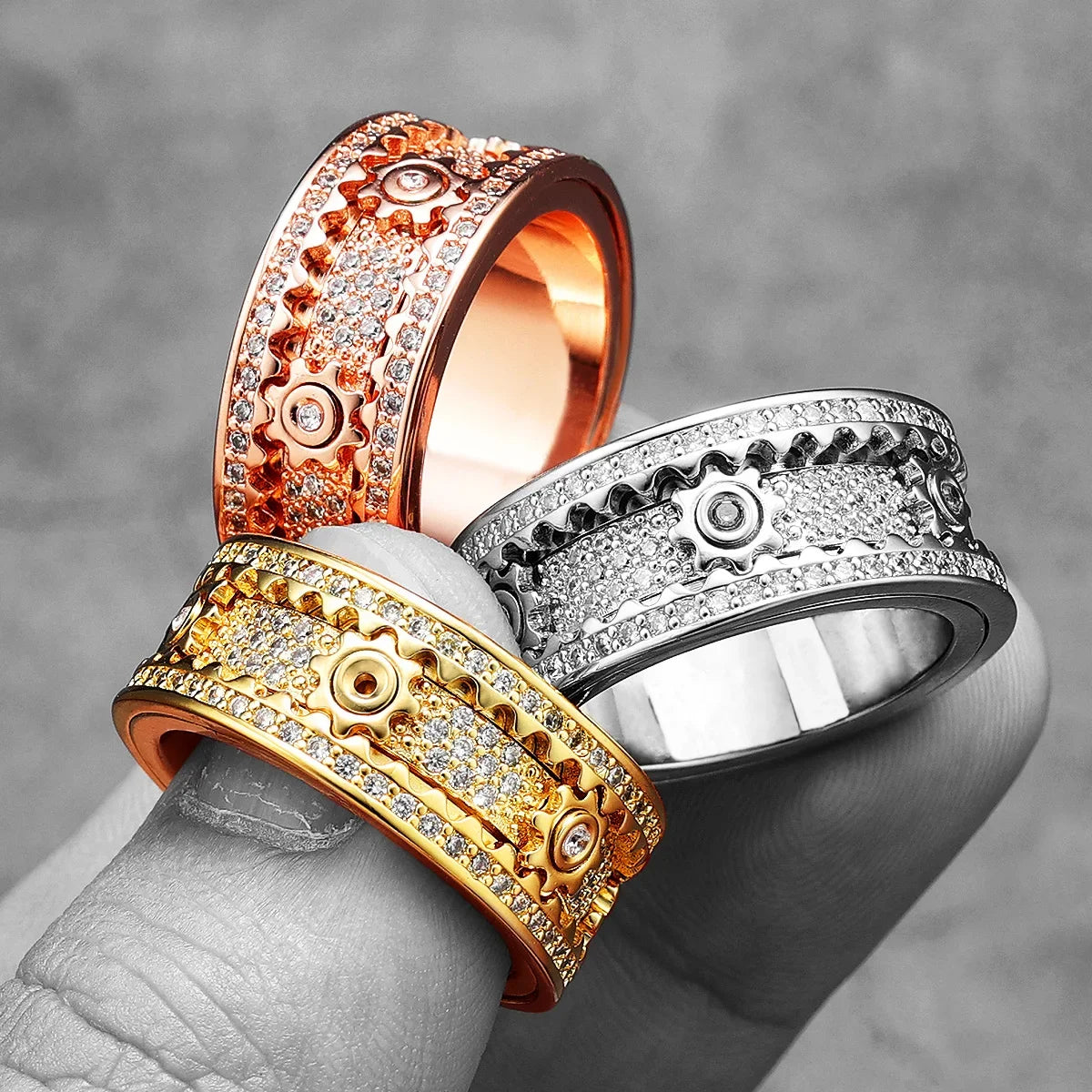 Rotating Gems | Iced Blinged Out Spinning Gears Gemstone No Fade Stainless Steel Rings