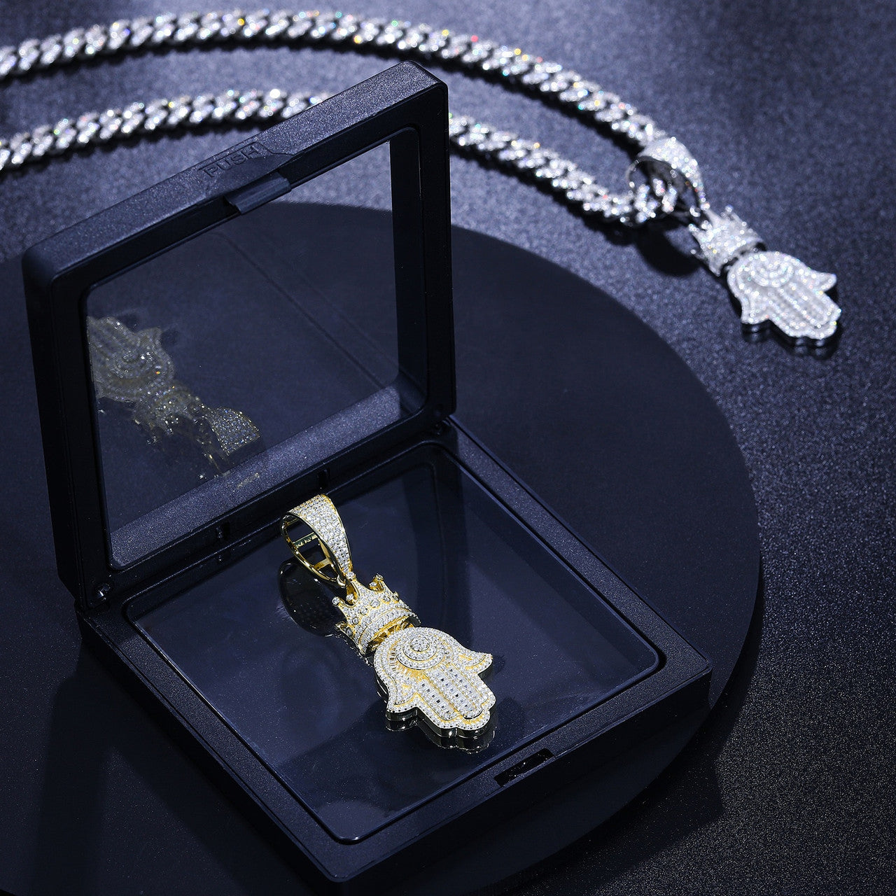 Mens Iced Blinged Out Hamsa Hand Kings Crown 925 Silver Genuine VVS Diamond Pendant