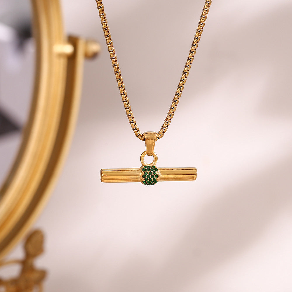Stainless Steel Green CZ T Bar Pendant Square Pearl 18k Gold Hip Hop Chain Necklace