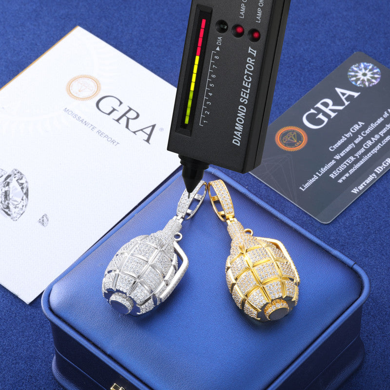 Fire In The Hole | Solid 925 Silver Iced Blinged Out Moissanite Retro Grenade Hip Hop Pendant