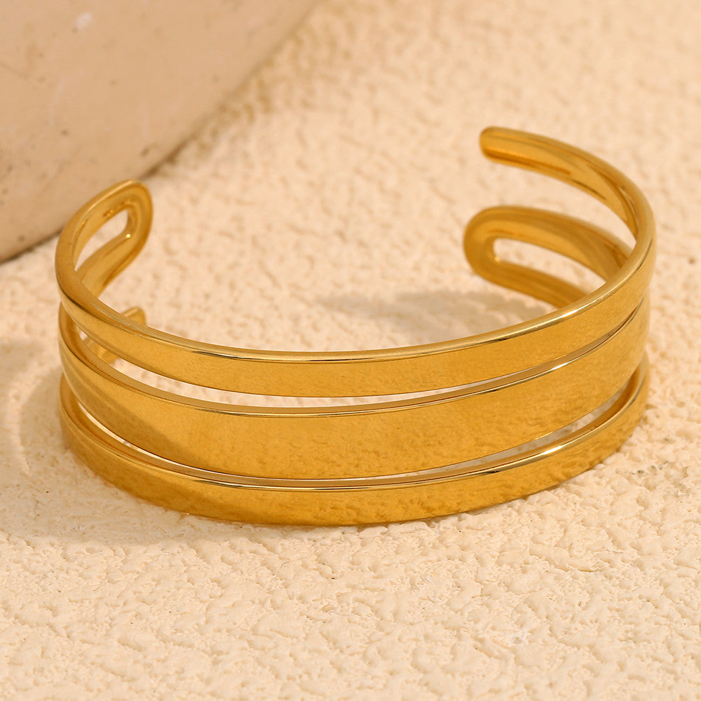 Ladies 18k Gold Stainless Steel Waterproof Wide Face Three Layer Bracelet