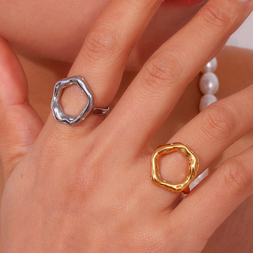 Ladies 18k Gold Silver Tarnish Free Hollow Circle Personality Conversation Starter Rings