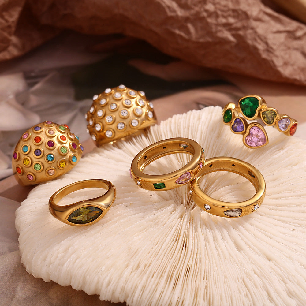 18k Gold Stainless Steel Tear Drop Rectangular Cubic Zircon Bubble Round Rings