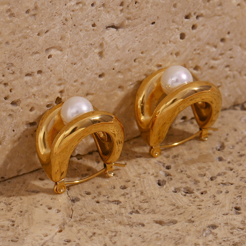 Stainless Steel Water Resistant Double Layers Synthetic Pearl Hoop Bling Earrings