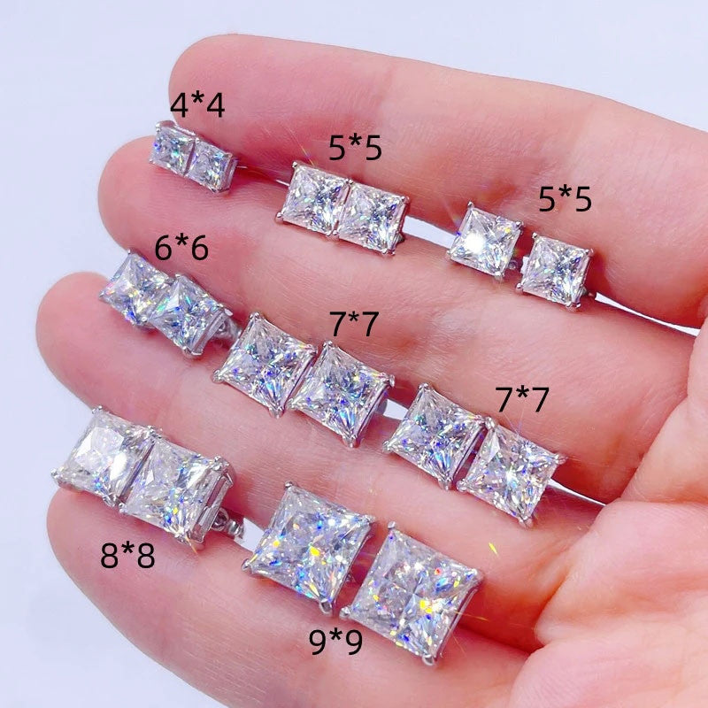 Flooded Ice Princess Cut Screw Back Push Back 3mm - 10mm Clear Stone Earrings