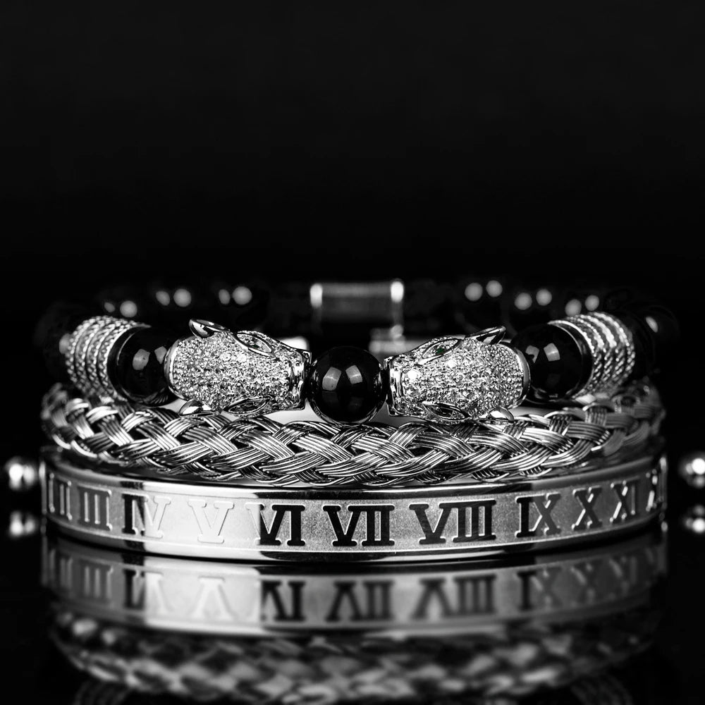Snow Leopard | VVS Diamond CZ 3 Piece Premium Black Agate Beaded Hip Hop Bracelet Set
