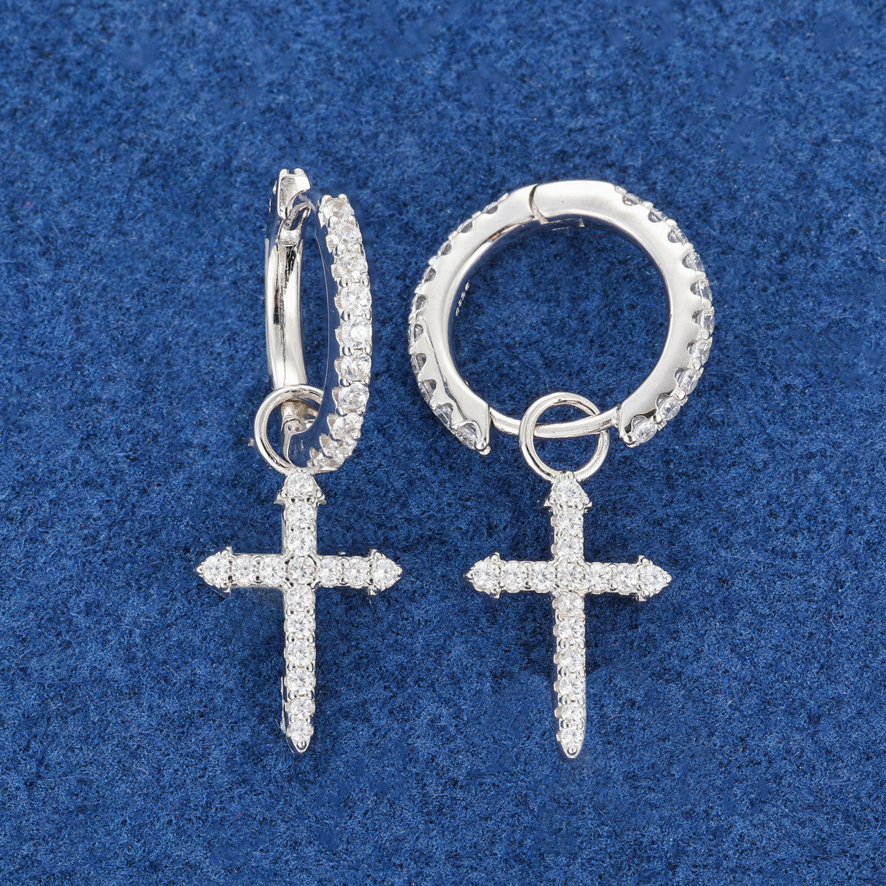 Crossed Huggie | Solid Sterling Silver VVS Diamond CZ Stone Cross Hoop Hip Hop Earrings