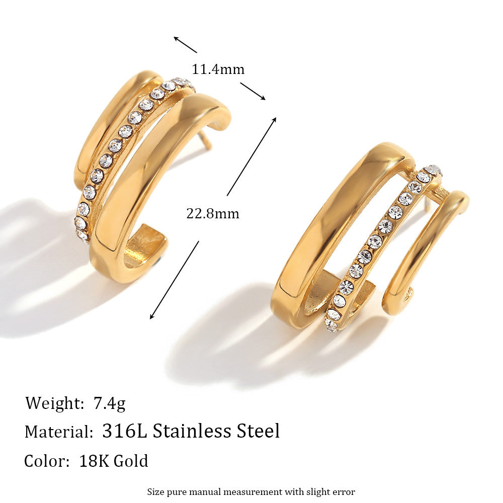 18k Gold Three layer C-shaped CZ Stone Stainless Steel Tarnish Free Earrings