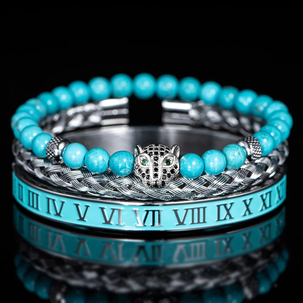 Turquoise Stone | VVS Diamond CZ Roman Numeral Leopard Head Luxury Bracelet