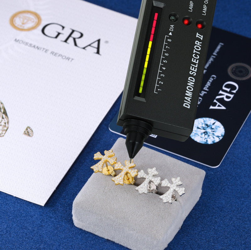 Mens Solid 925 Sterling Silver Moissanite Diamond Arrow Cross Stud Hip Hop Earrings