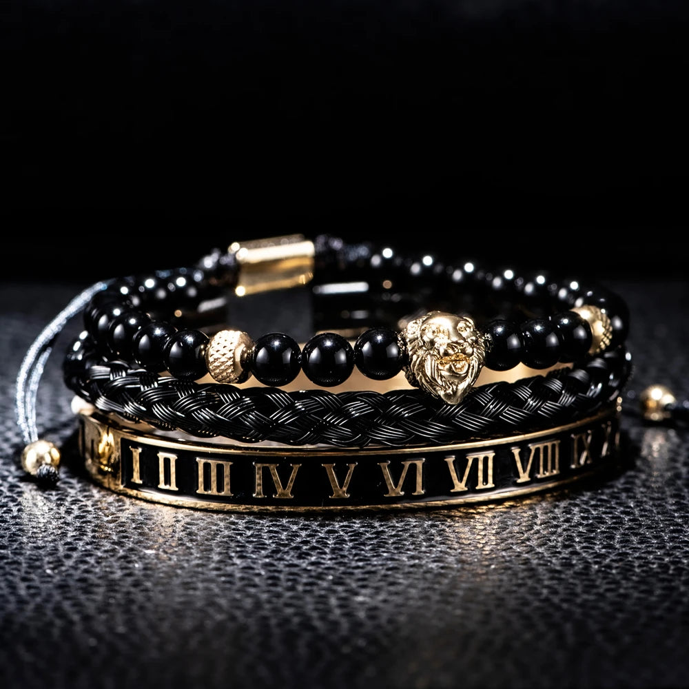 Imperial Force | Luxury Kings Crown 18k Gold Black Stainless Steel Bracelet 3 Piece Set