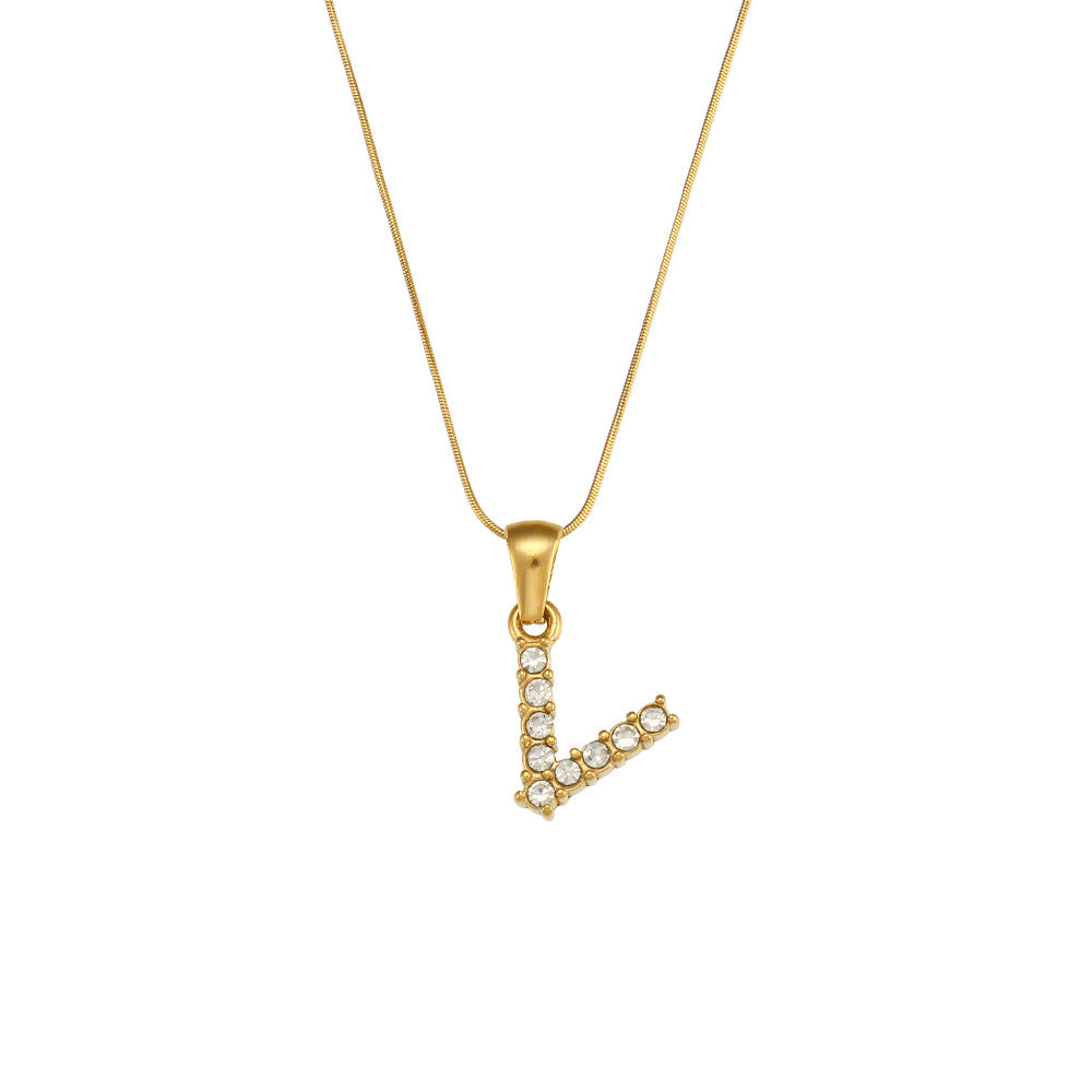 18k Gold Stainless Steel Thin Snake Chain 3A Zircon Stone Paved Initial Necklace