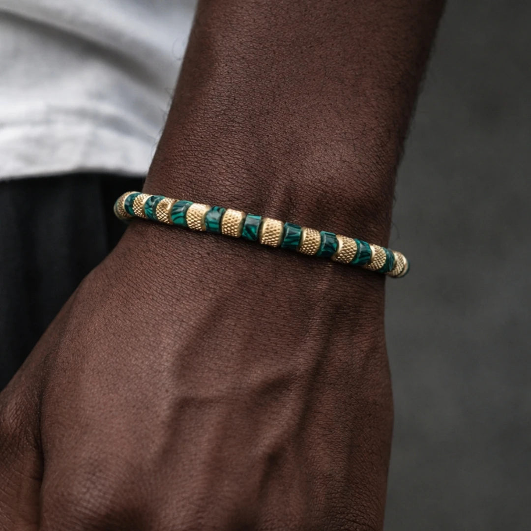 Natural Malachite |  18K Gold Over 304 Stainless Steel Mesh Beads Stone Elastic Stretch Bracelet