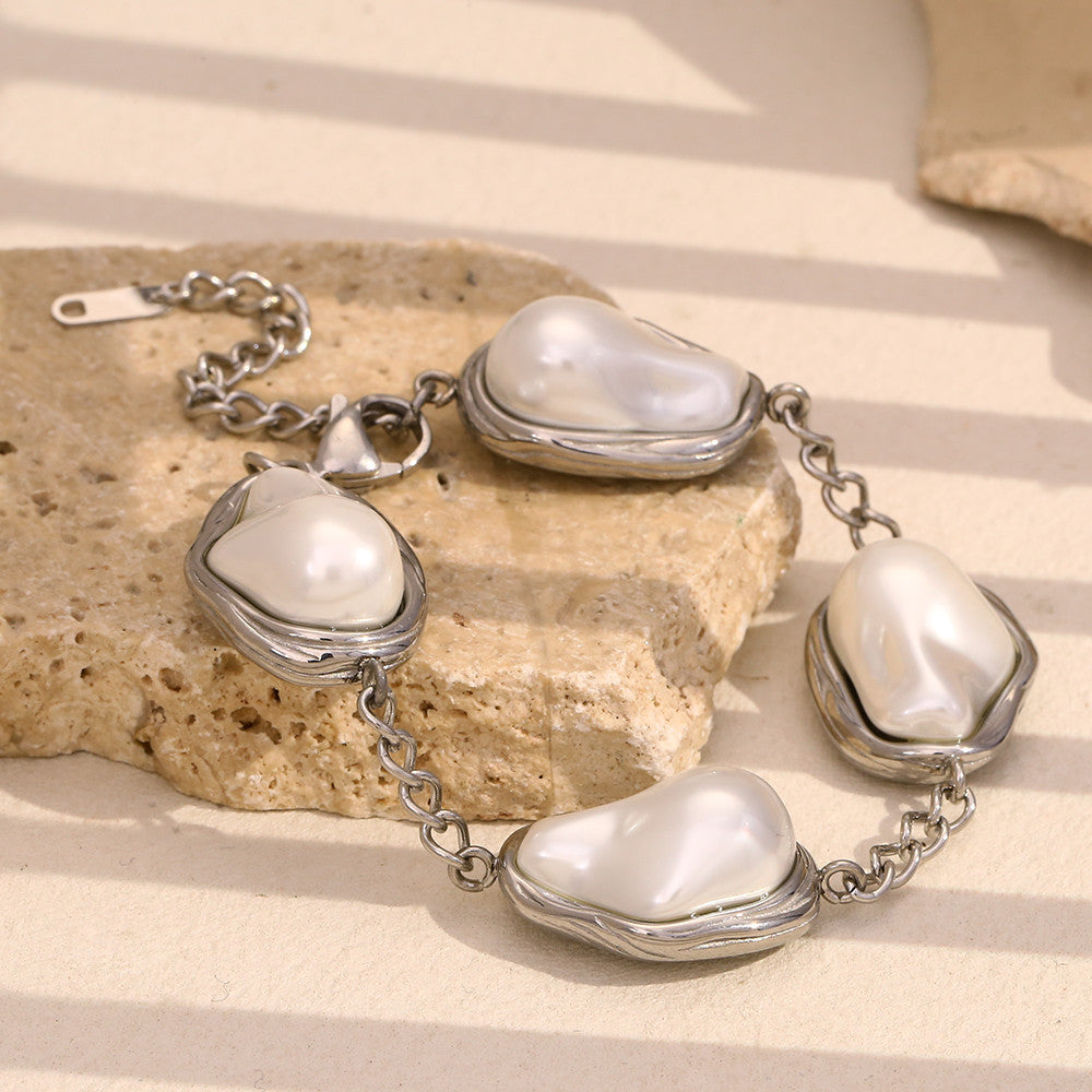Ladies Baroque Large Size Irregular Pearl 18k Gold Stainless Steel Tarnish Free Bracelets