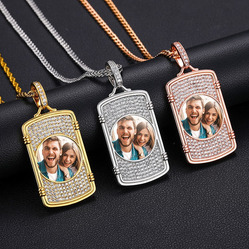 Solid 925 Silver Custom Photo VVS Diamond Picture Memory Hip Hop Chain Necklace