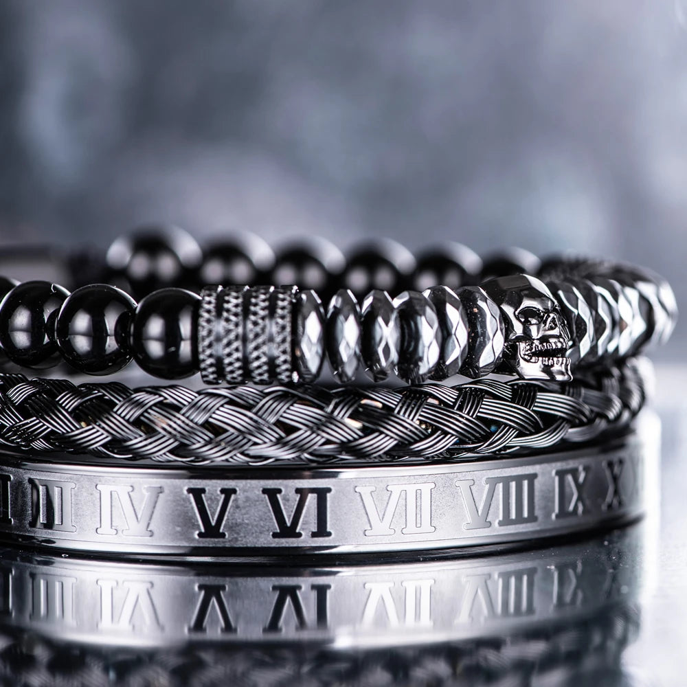 Men's Luxury Hematite Hand Made Bead 3 Piece Skull Head Hip Hop Luxury Bracelet Sets