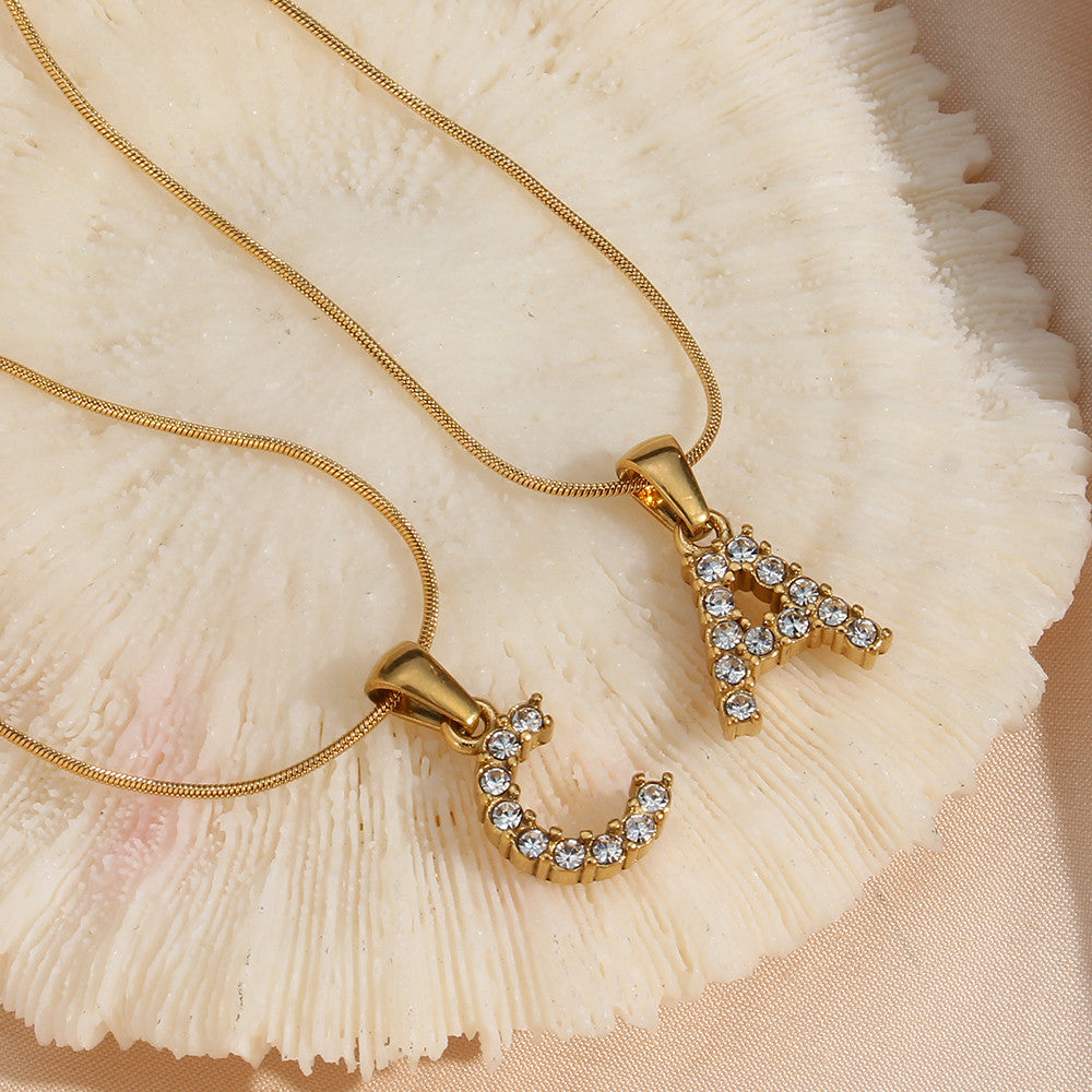 18k Gold Stainless Steel Thin Snake Chain 3A Zircon Stone Paved Initial Necklace