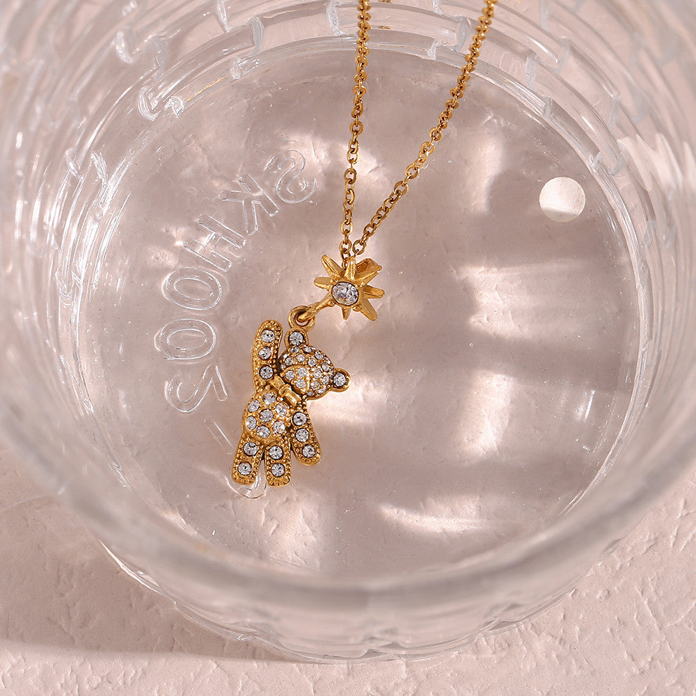 Ladies 18k Gold Rhinestone Teddy Bear Stainless Steel Waterproof Pendant Necklace