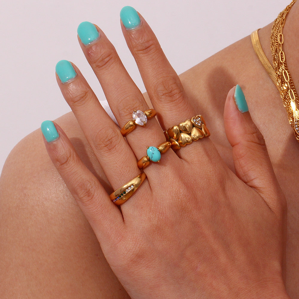 Stainless Steel Gem Lapis Turquoise 3A CZ 18k Gold Waterproof Bling Bling Rings