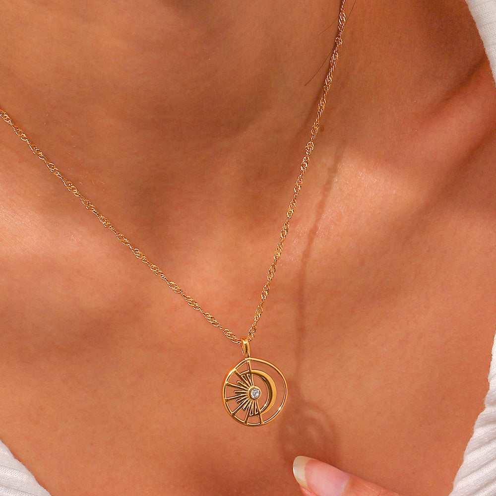 Waterproof Crystal Filled Hollow Crescent Moon Sun 18k Gold Stainless Steel Pendant
