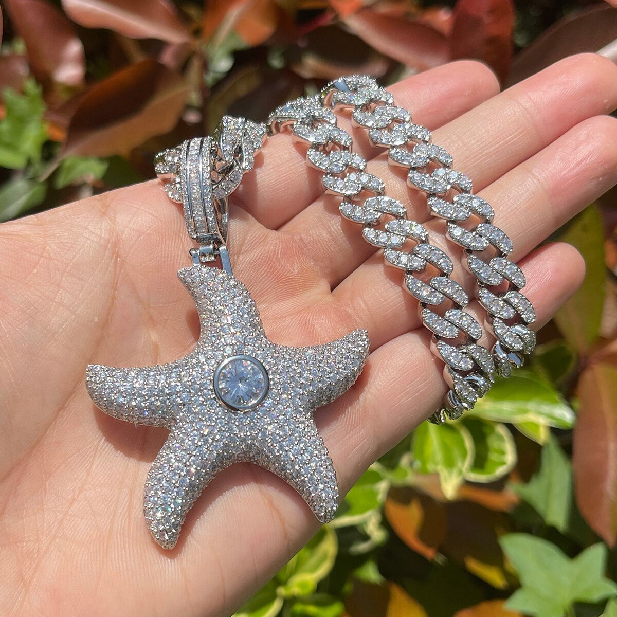 Center Stone Superstar Starfish Flooded Ice Streetwear Hip Hop Pendant Chain Necklaces