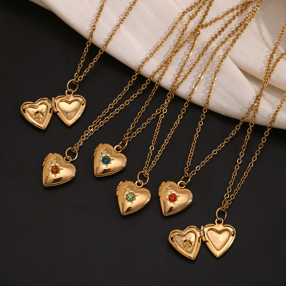 Women's Birth Stone Heart Shape Photo Box Pendant 18k Gold Waterproof Necklace