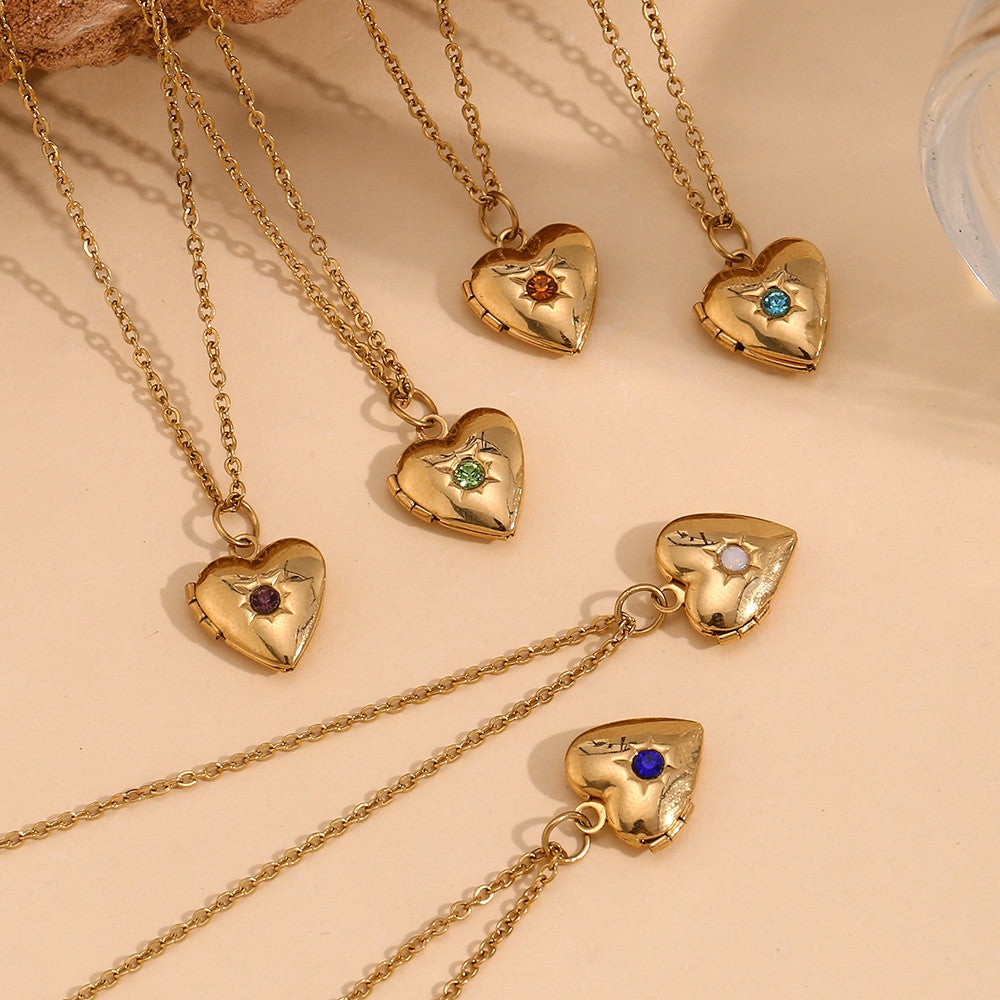 Women's Birth Stone Heart Shape Photo Box Pendant 18k Gold Waterproof Necklace