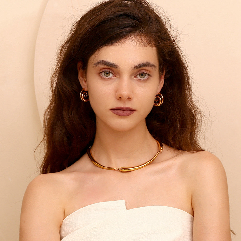 Ladies Spiral 18k Gold Stainless Steel Waterproof Tarnish Free Silver Color Earrings