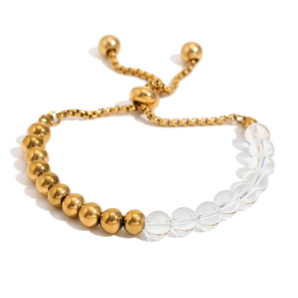 18k Gold Waterproof Clear Acrylic Half Stainless Steel Beads Adjustable Bracelet