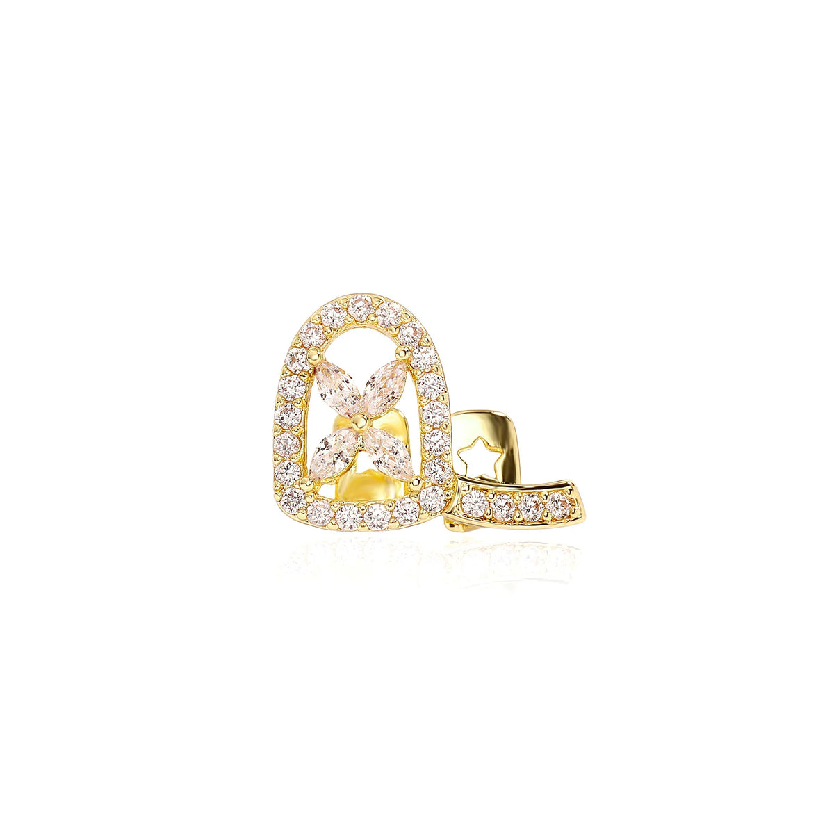 The Flower | Double Four-leaf Flower Iced Blinged  Out Hollow Horizontal Bar Tooth Grillz
