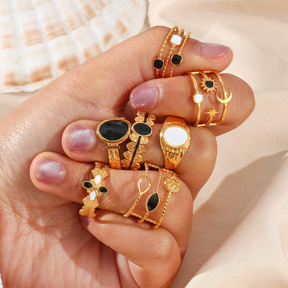 Enamel Black | 18k Gold over No Fade Stainless Steel Hollow Adjustable Rings
