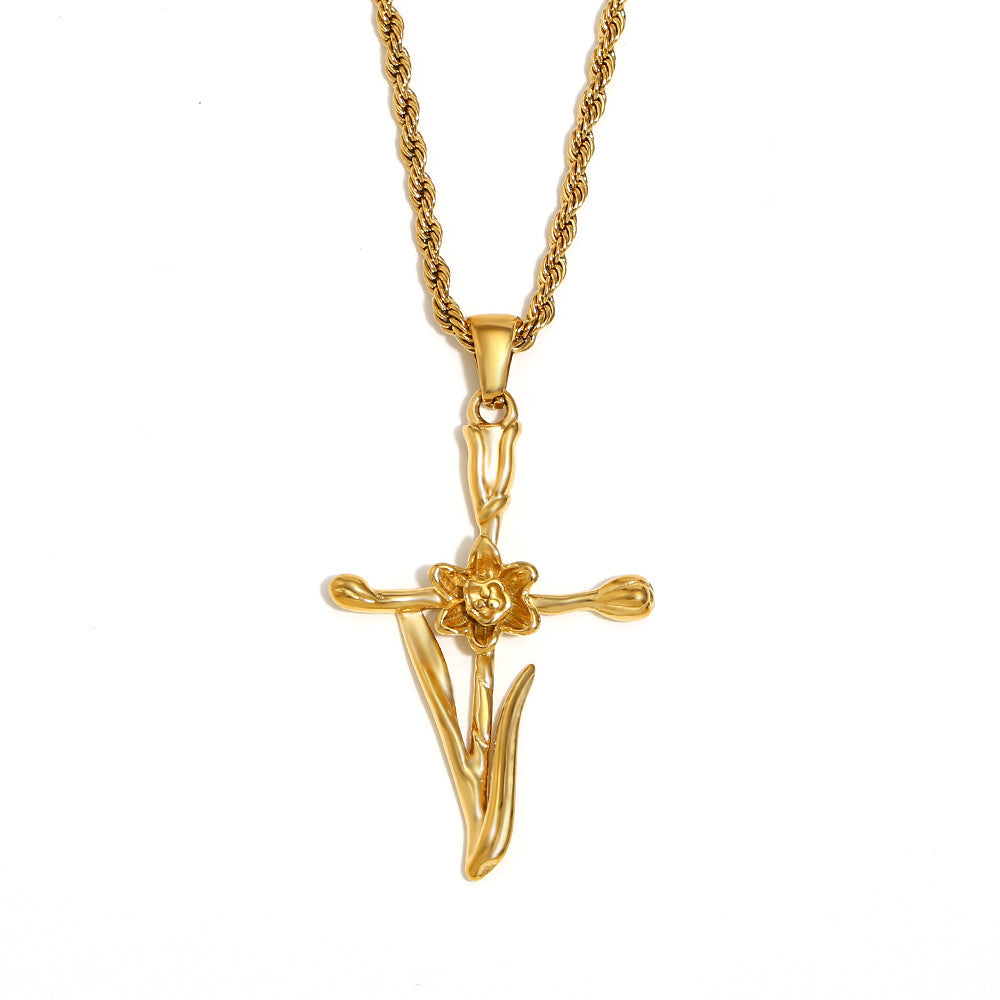 Women's 18k Gold Waterproof Designer Birth Month Flower Cross Tarnish Free Necklace