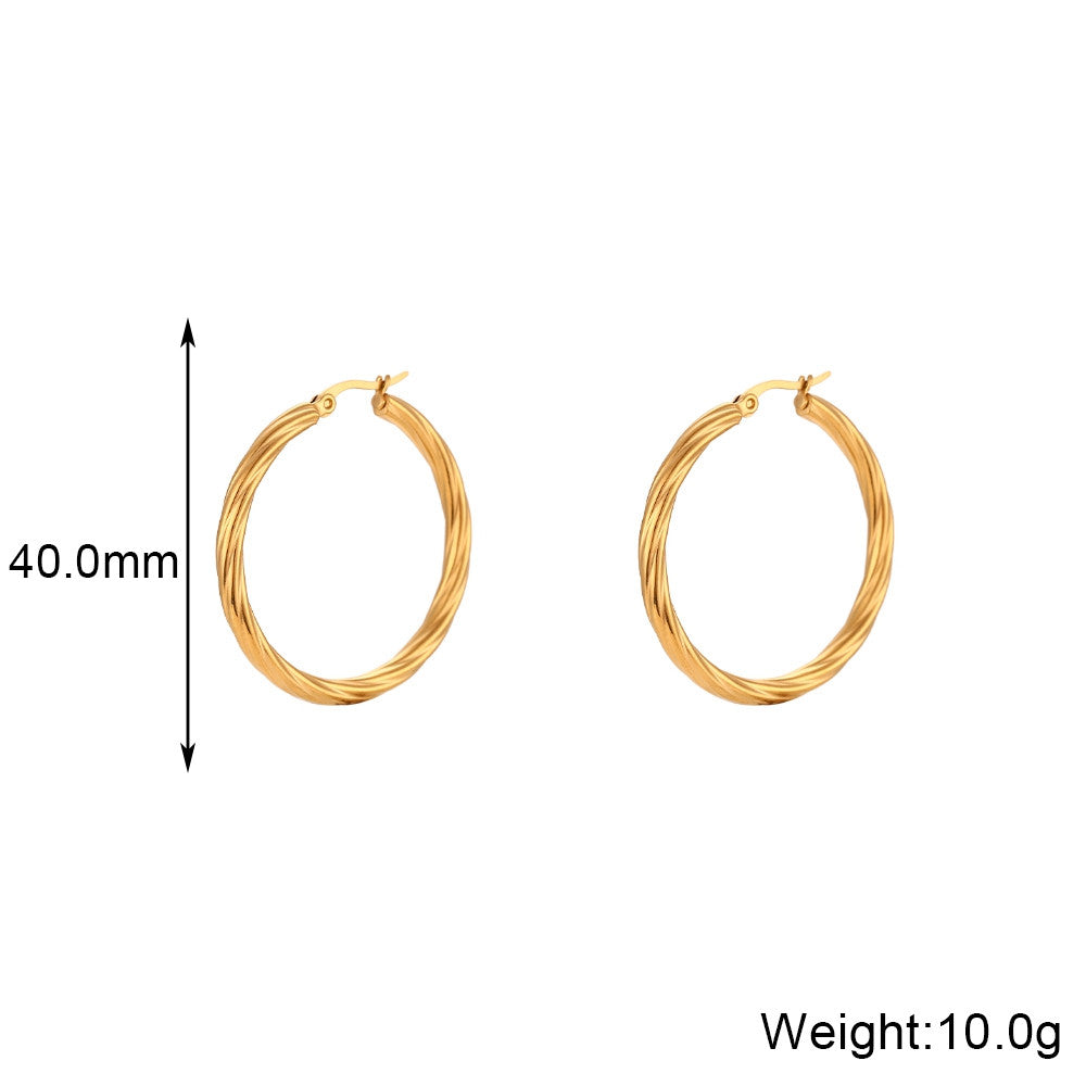 Ladies 18k Gold Twisted Hoop Solid Stainless Steel Waterproof Bling Earrings
