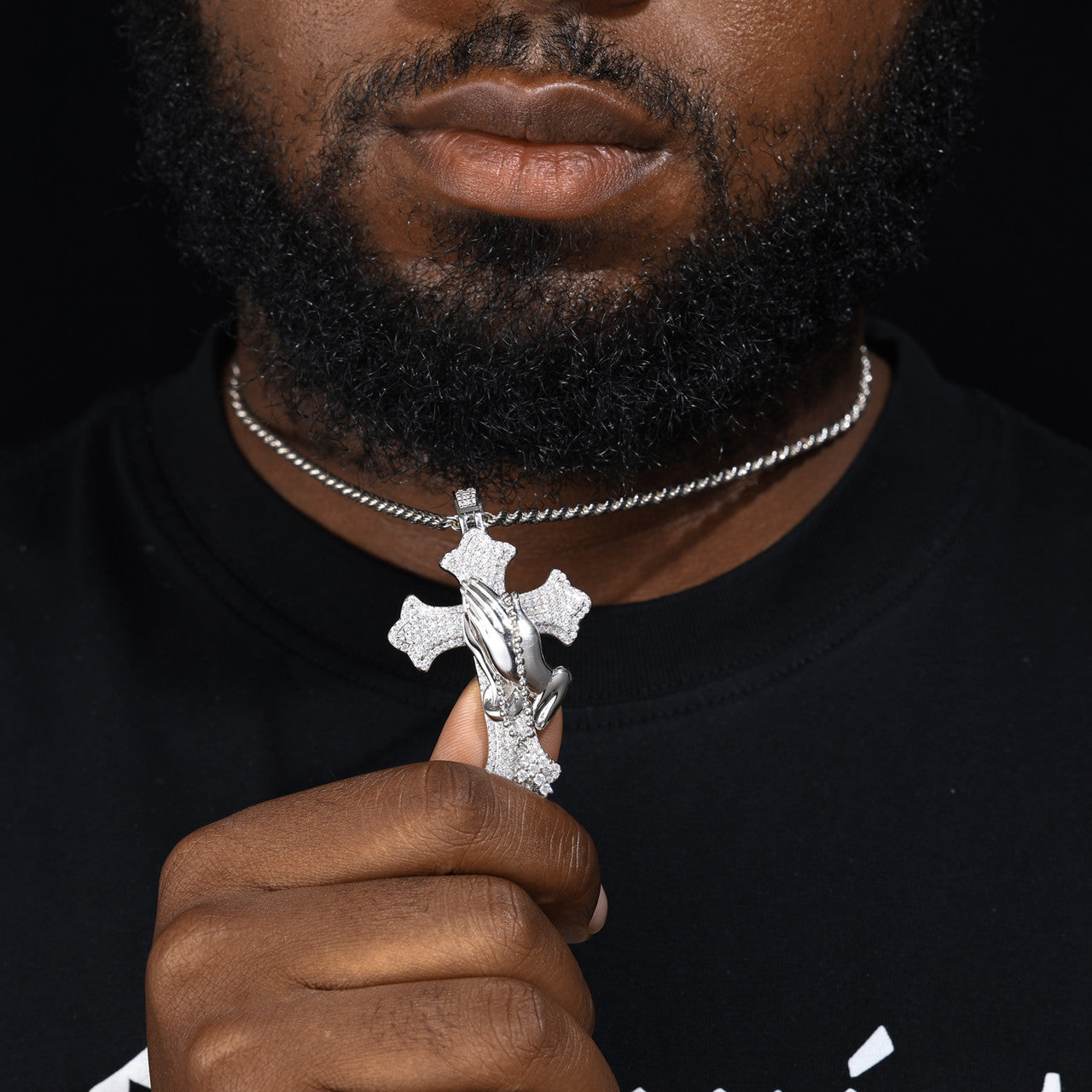 The Power Of Prayer | Solid 925 Silver Prayer Hands Cross Moissanite Diamond Hip Hop Pendant