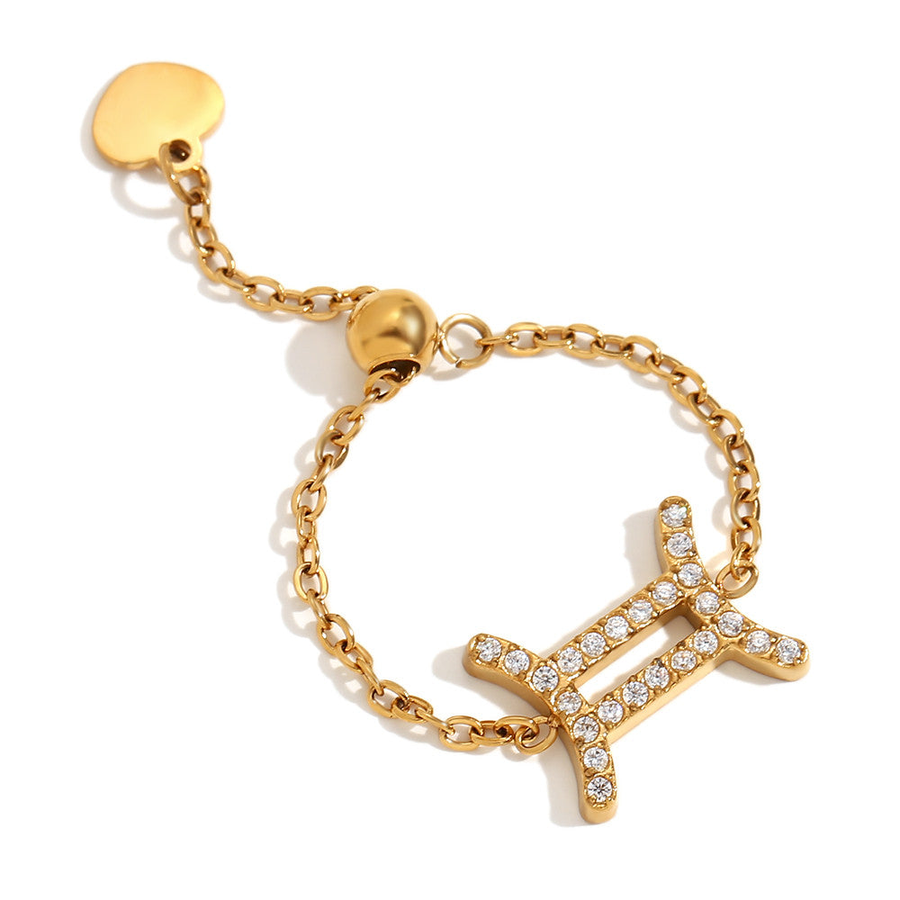 Ladies Waterproof 18k Gold Stainless Steel 12 Constellation Bling Adjustable Zodiac Rings