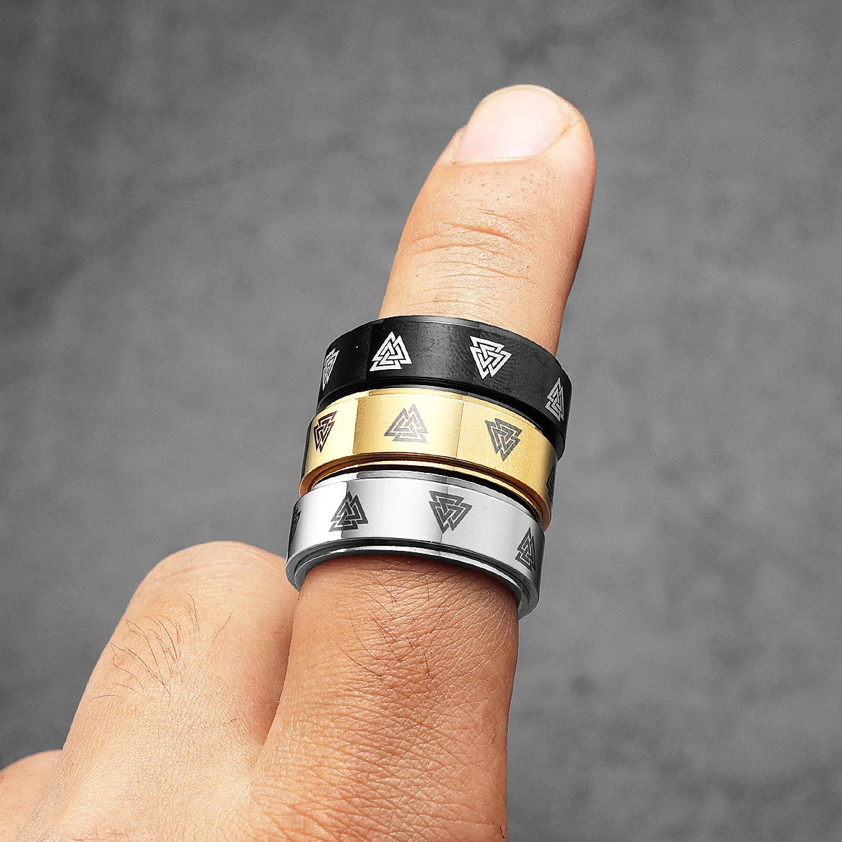 Odin's Triangle | 14k Gold Black Silver Rotating  Spinner Men Mythical Rings