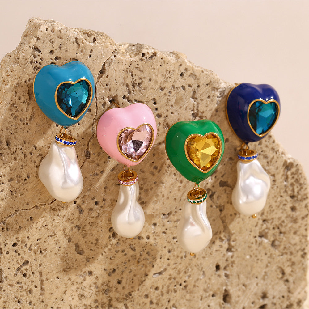 Women's 18k Gold Stainless Steel Baroque Style Imitation Pearl Colorful Drip Oil Earrings