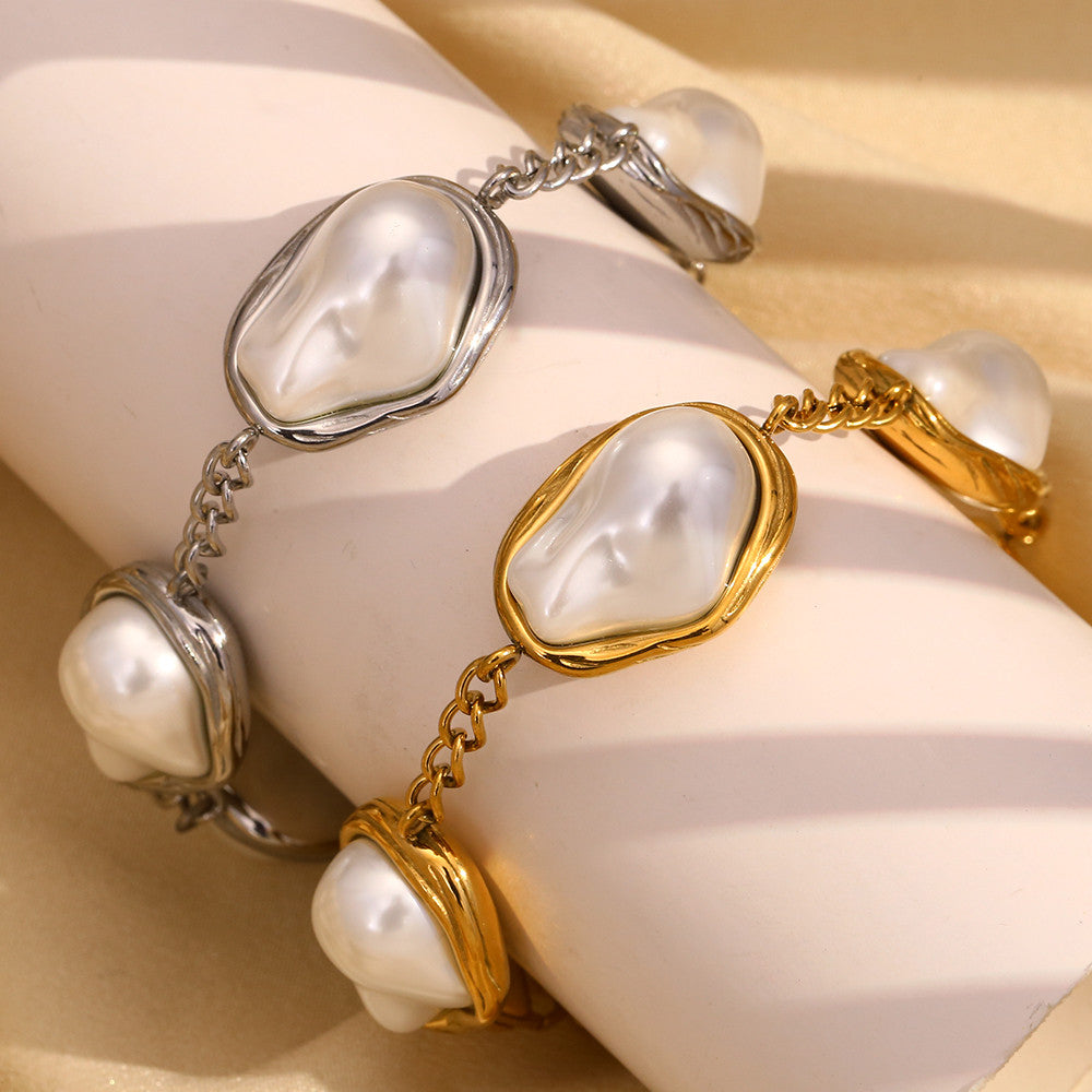 Ladies Baroque Large Size Irregular Pearl 18k Gold Stainless Steel Tarnish Free Bracelets