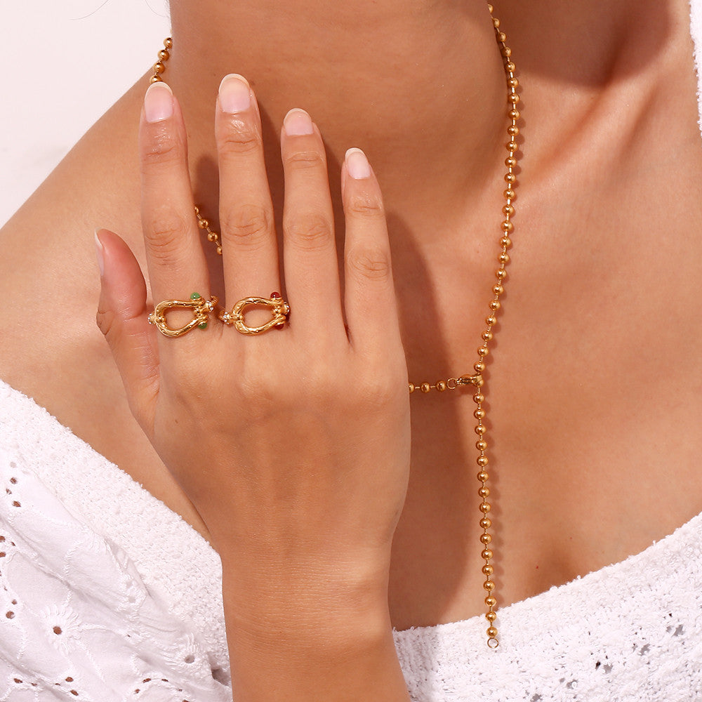 Ladies Oval Amazonite White Jade Heart 18k Gold Waterproof Stainless Steel Rings