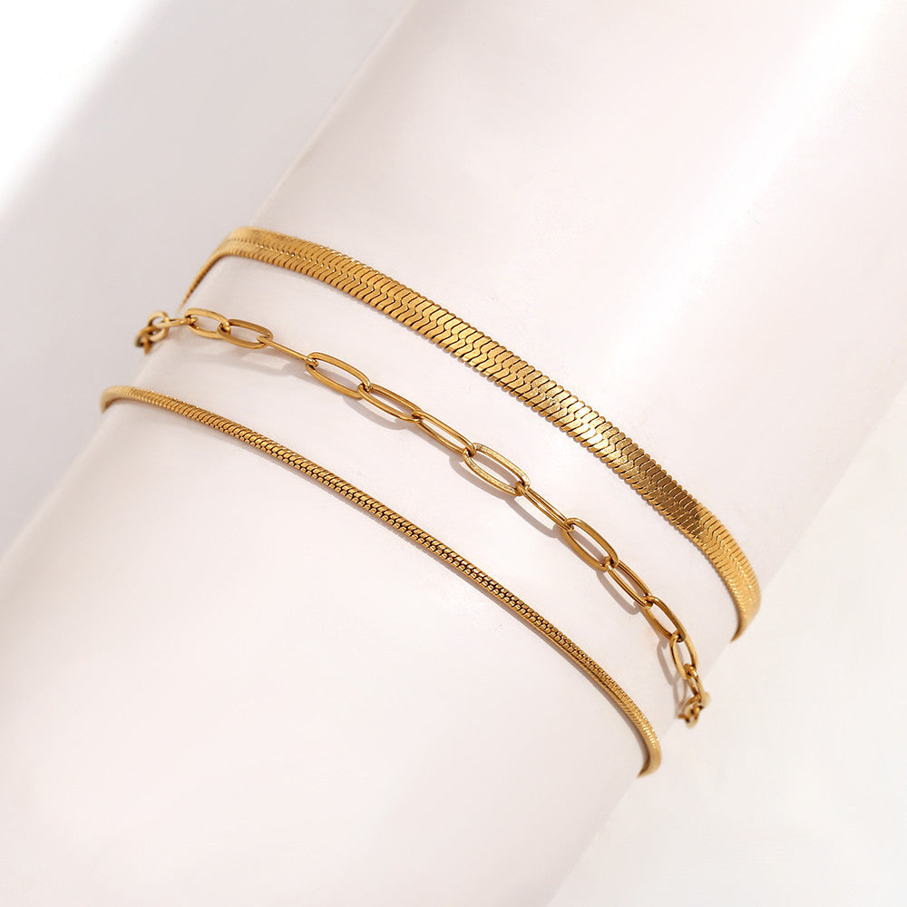 Ladies 18k Gold Waterproof Stainless Steel 3-layer Chain Link Anklet Ankle Bracelets