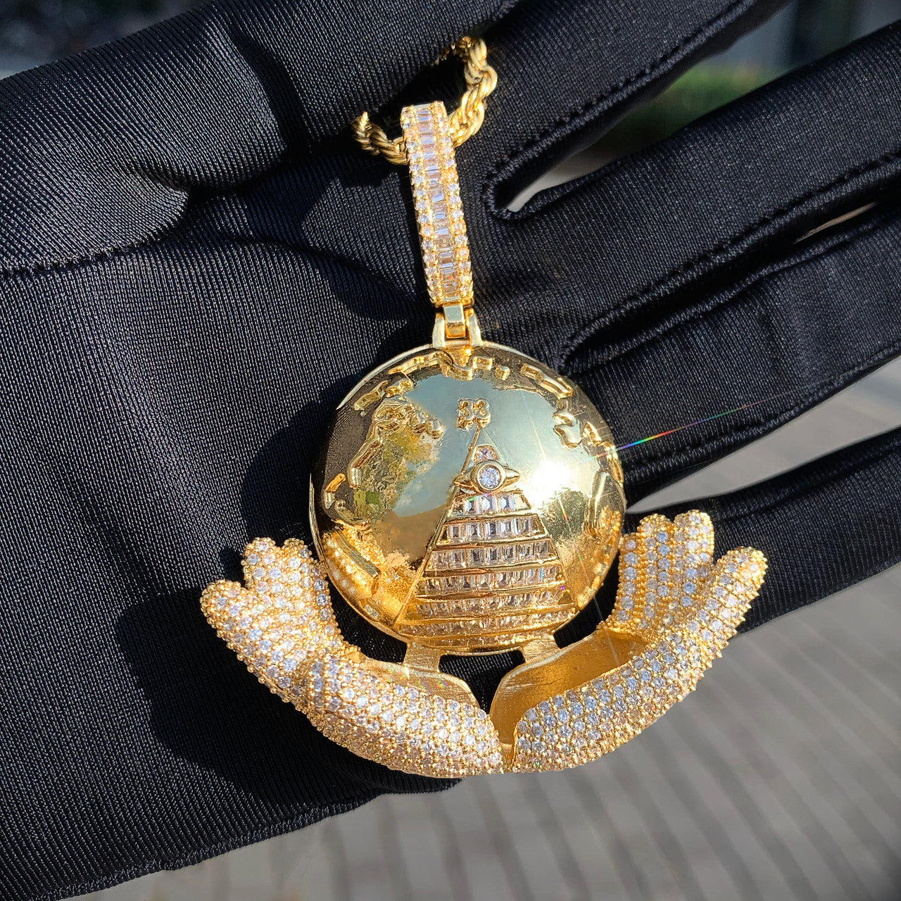 My World | Iced Blinged Out Baguette The World In My Hands Pyramid Illumination Pendant 