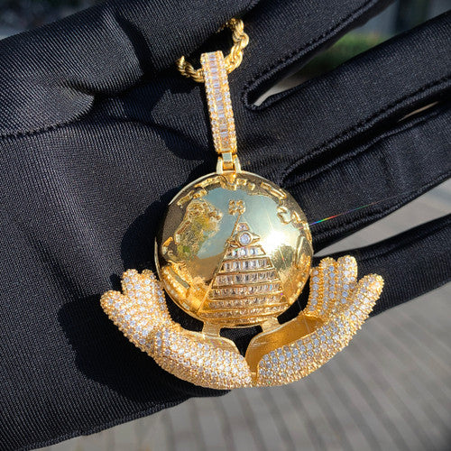 My World |  Iced Blinged Out Baguette The World In My Hands Pyramid Illumination Pendant