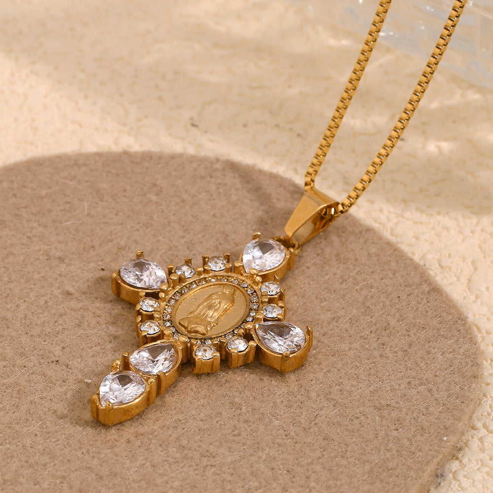 18k Gold Solid Stainless Steel Waterproof Virgin Mary Cross Pendant Necklace