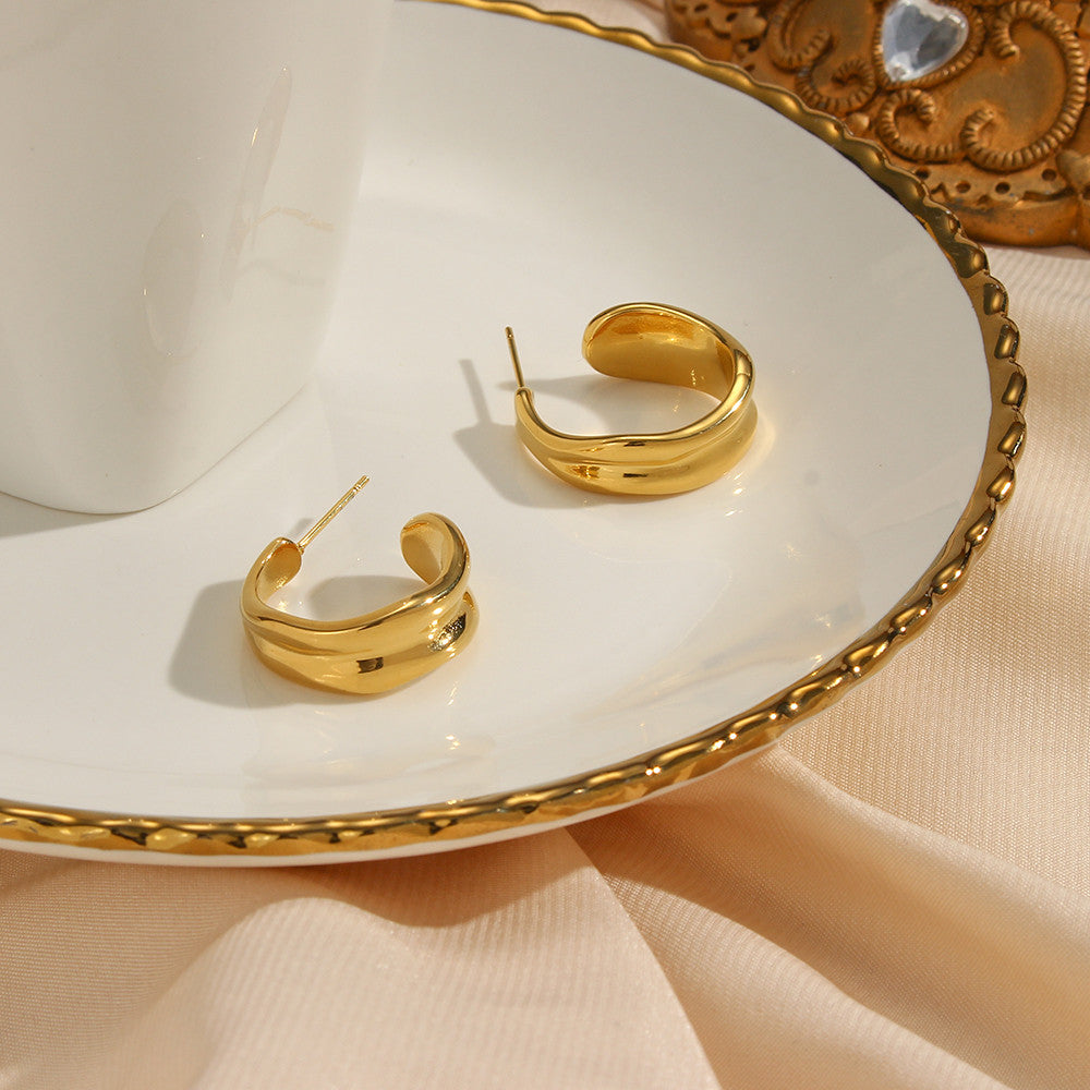 Stainless Steel Waterproof Textured 18k Gold High Polished Hoop Earrings