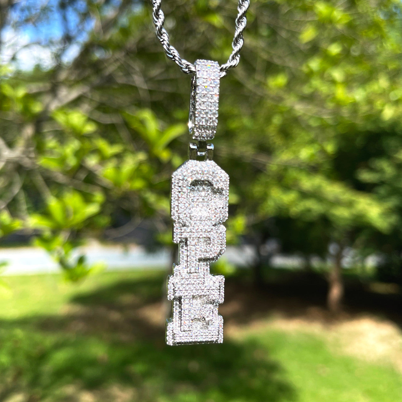 StackedIce | Vertical Cluster Stone Prong Set Custom Nameplate Hip Hop  Pendant