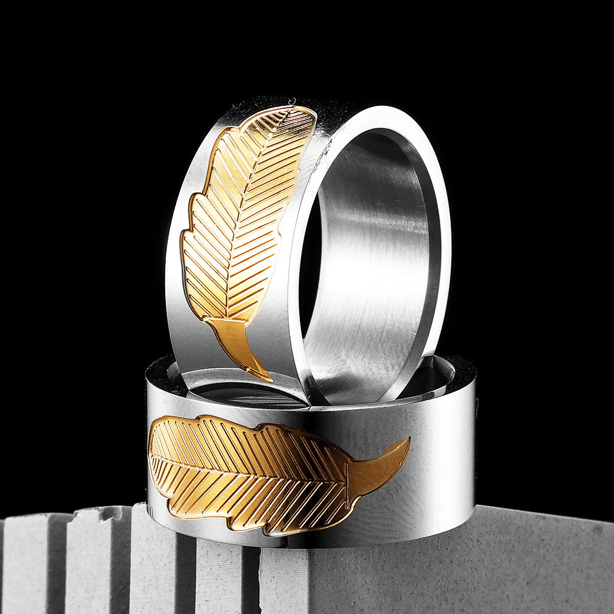 Fossil Leaf | 316L Solid Stainless Steel Gold Accented Luxury Designer Mens Rings