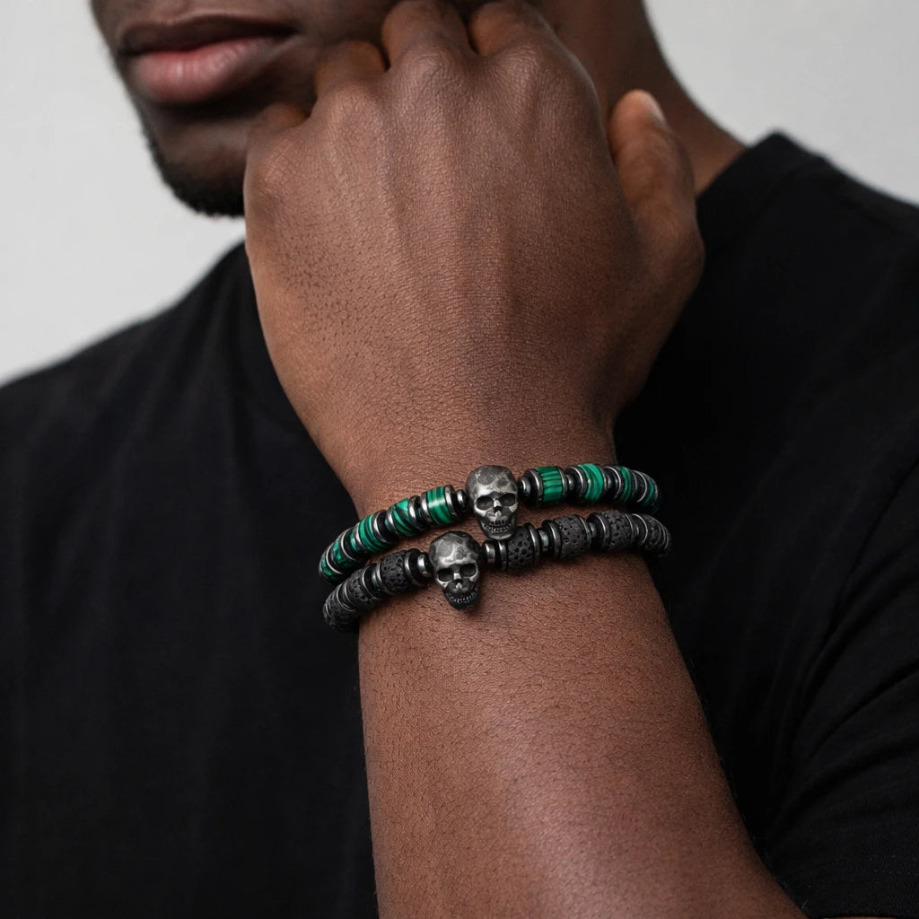 Secret Society II | Men's Natural Stone Beaded No Fade Stainless Steel Skull Bracelet