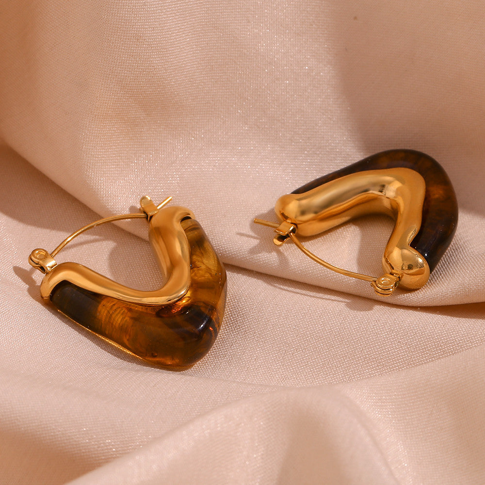 18k Gold Water Resistant Textured Acrylic Amber White Gold Stainless Steel Earrings