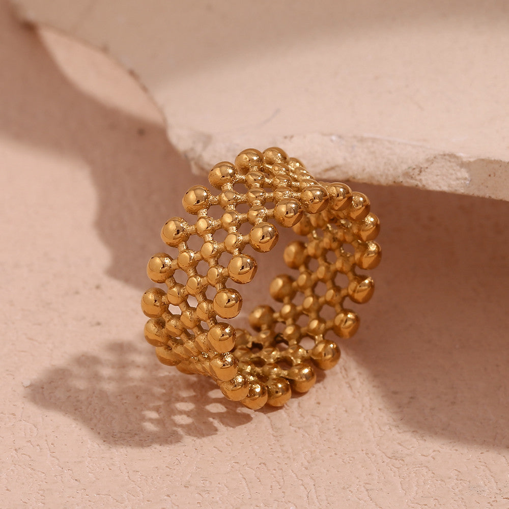 18k Gold Waterproof Small Ball Mesh Faced Stainless Steel Ring
