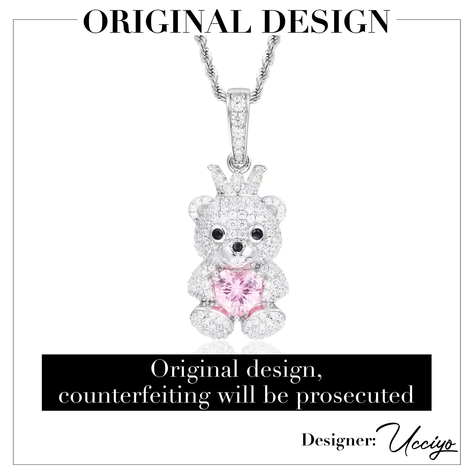 Queenie | Solid 925 Sterling Silver Moissanite Diamond Sparkling Cute Teddy Bear Necklace